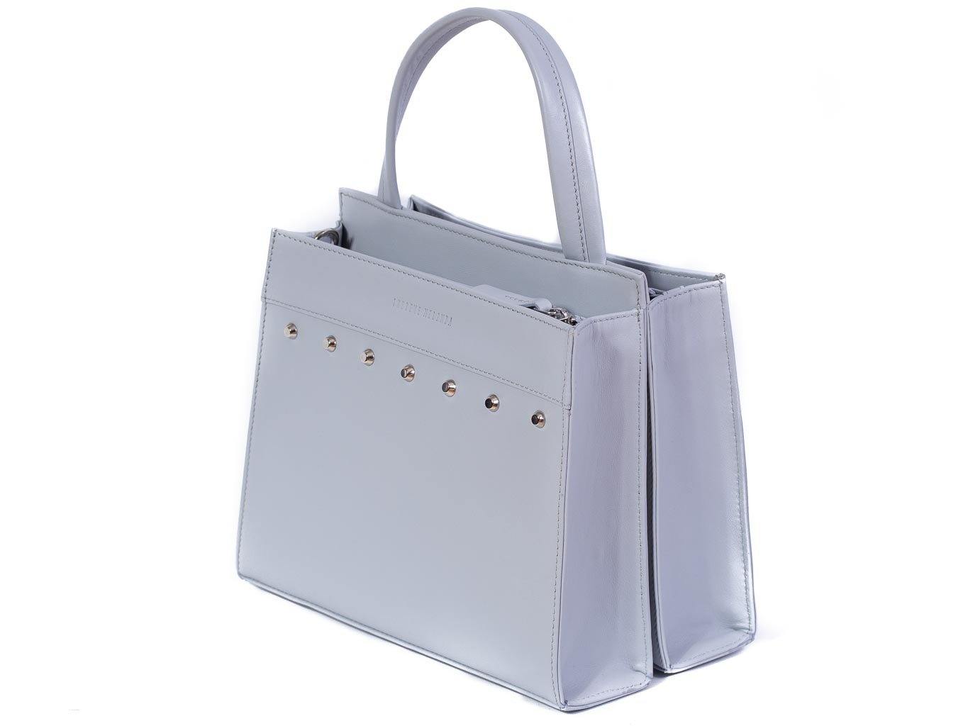 Top Handle Studded Handbag in Baby Blue by Sherene Melinda side angle