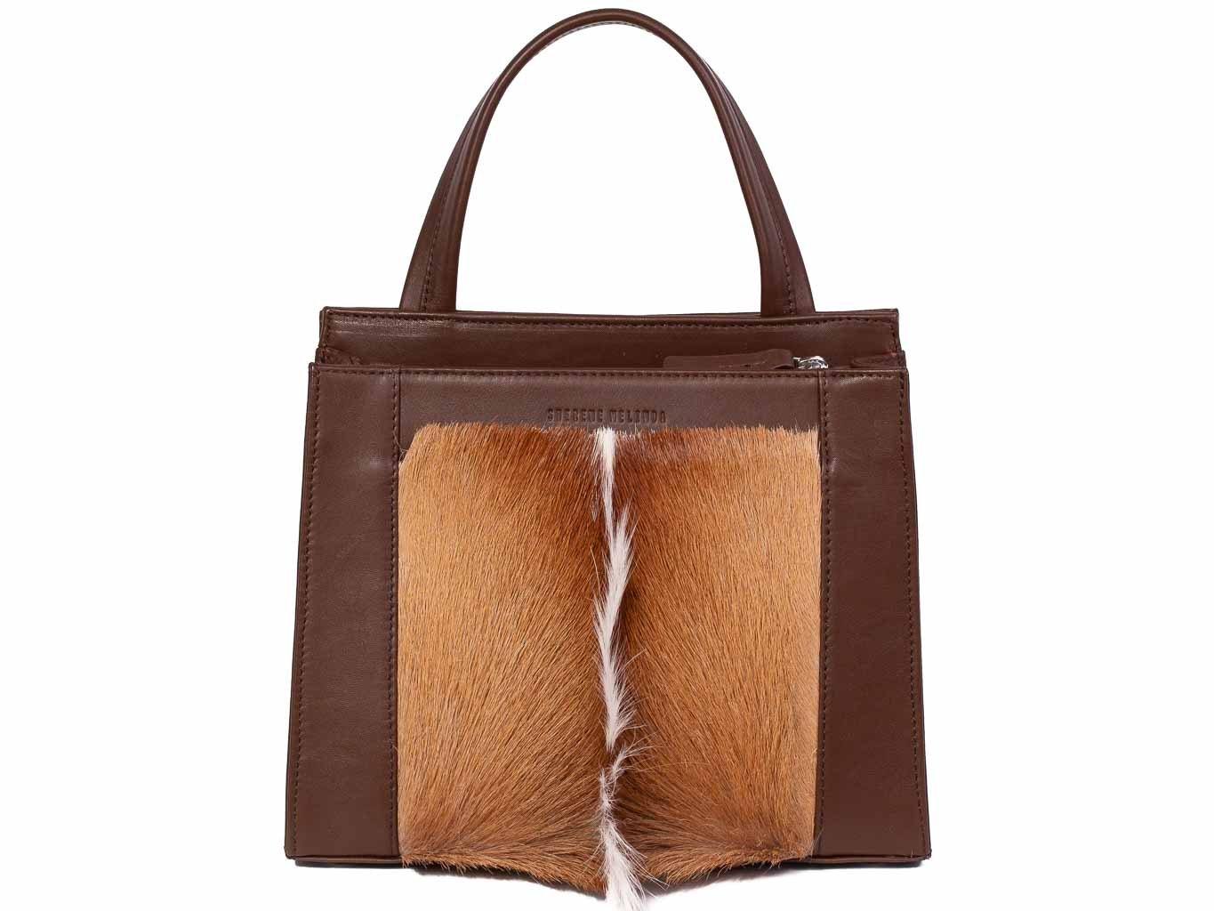 Top Handle Springbok Handbag in Cocoa Brown with a fan feature by Sherene Melinda front