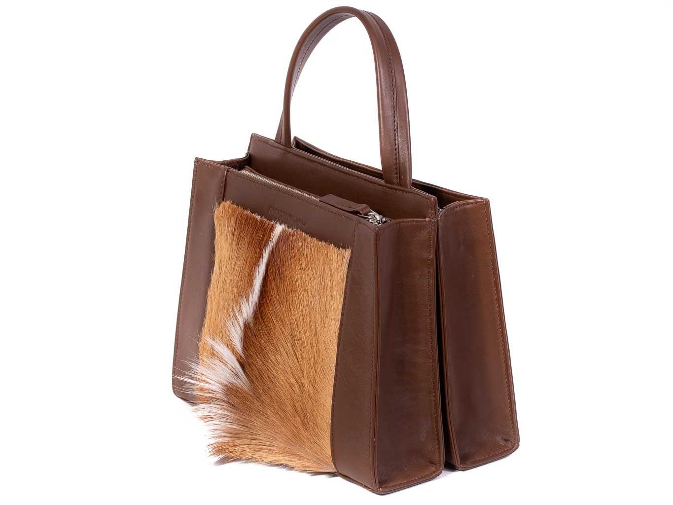 Top Handle Springbok Handbag in Cocoa Brown with a fan feature by Sherene Melinda front