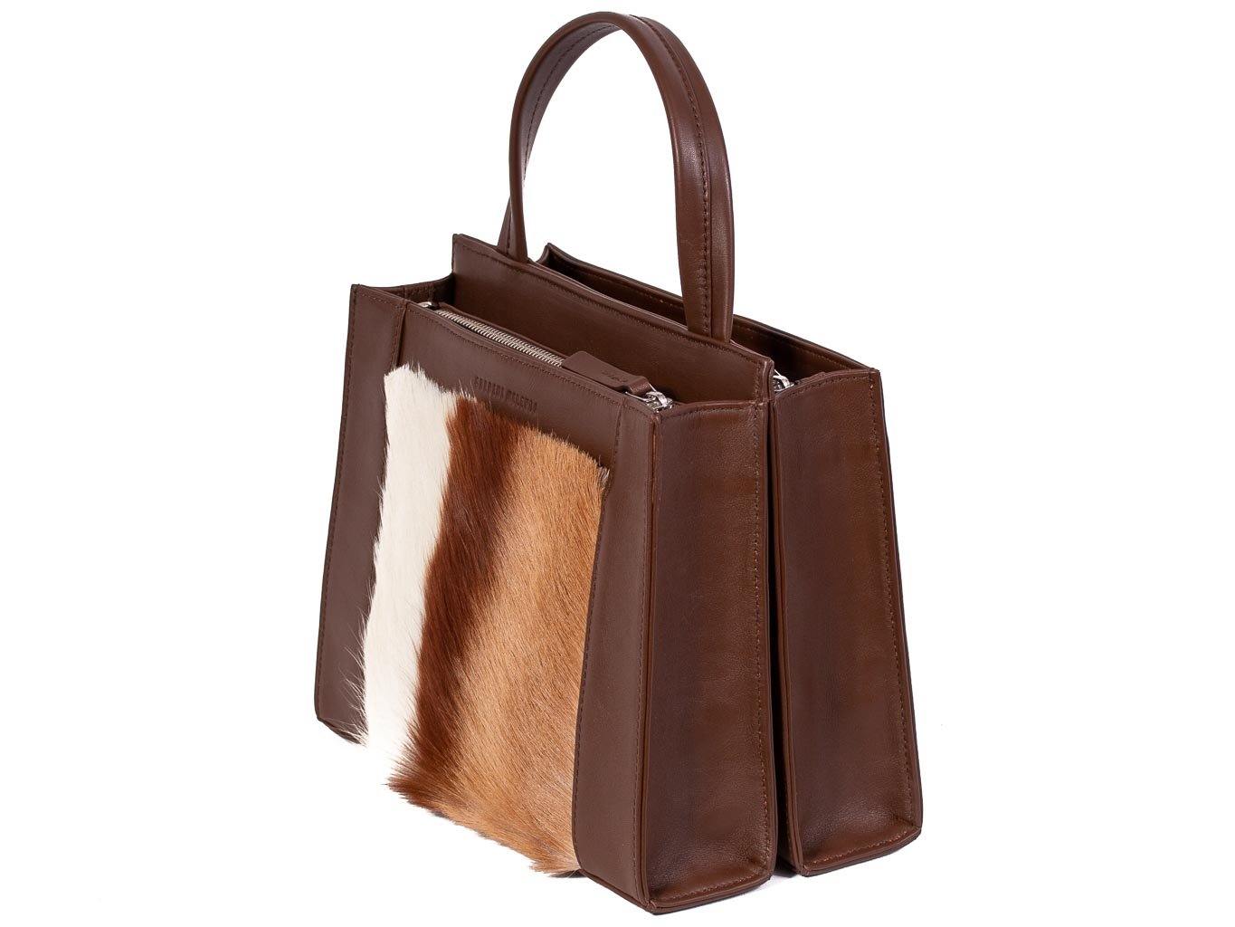Top Handle Springbok Handbag in Cocoa Brown with a stripe feature by Sherene Melinda side angle