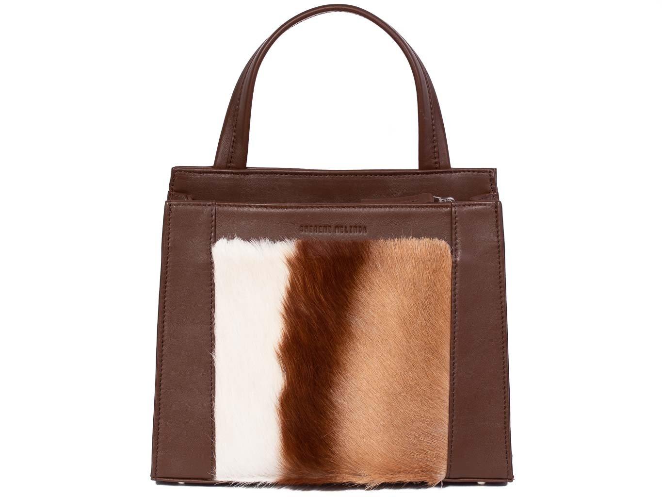Top Handle Springbok Handbag in Cocoa Brown with a stripe feature by Sherene Melinda front