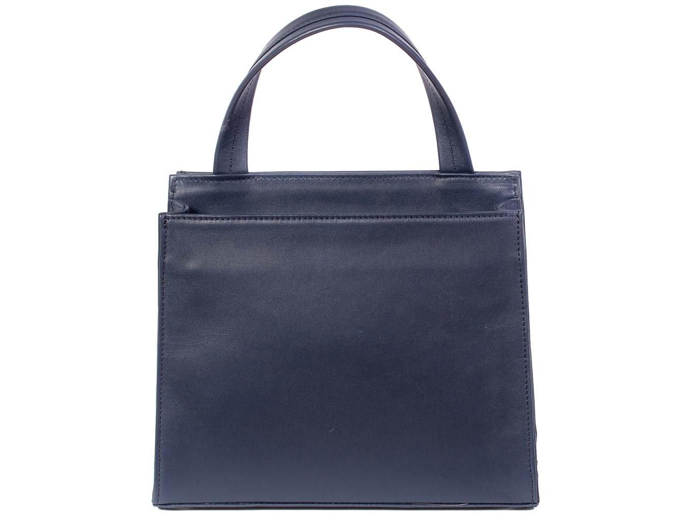 エンダースキーマ Hanging Purse(NAVY) Top Handle Springbok Leather Handbag in Navy Blue with a fan
