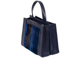 Top Handle Springbok Handbag in Navy Blue with a stripe feature by Sherene Melinda side angle