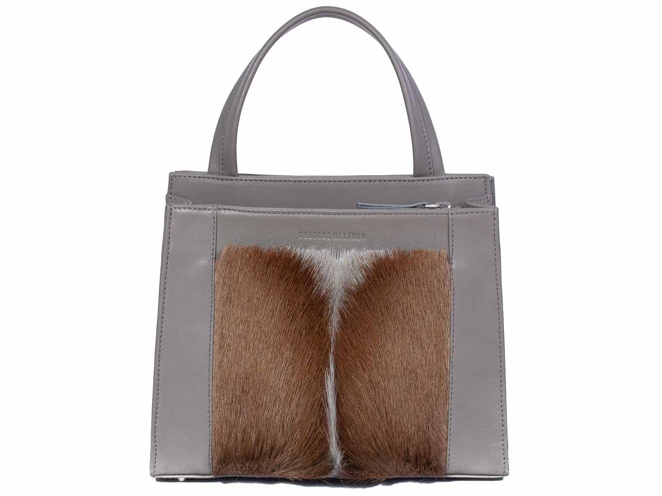 Top Handle Springbok Handbag in Slate Grey with a fan feature by Sherene Melinda front