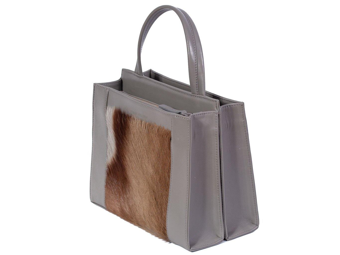 Top Handle Springbok Handbag in Slate Grey with a stripe feature by Sherene Melinda side angle