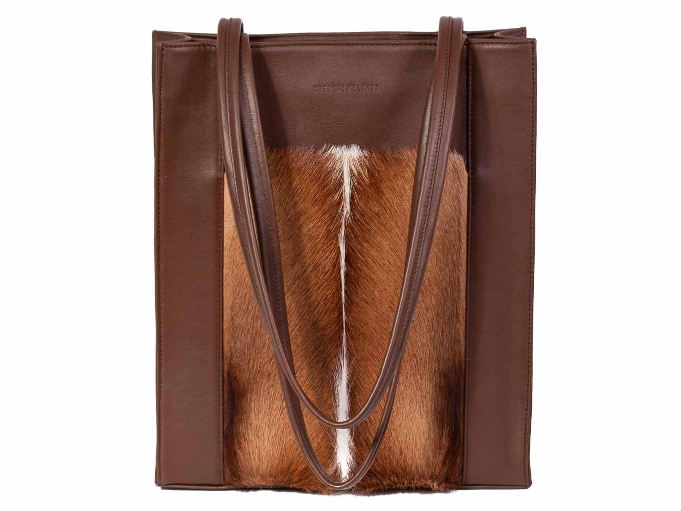 Tote Springbok Handbag in Cocoa Brown with a fan feature by Sherene Melinda front handle