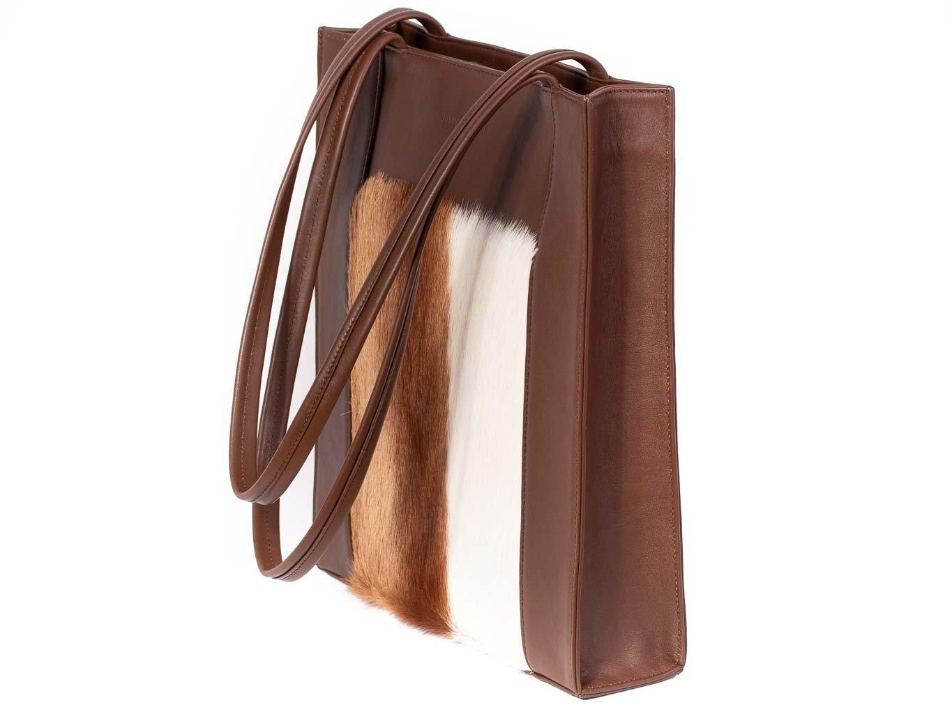Tote Springbok Handbag in Cocoa Brown with a stripe feature by Sherene Melinda side angle strap