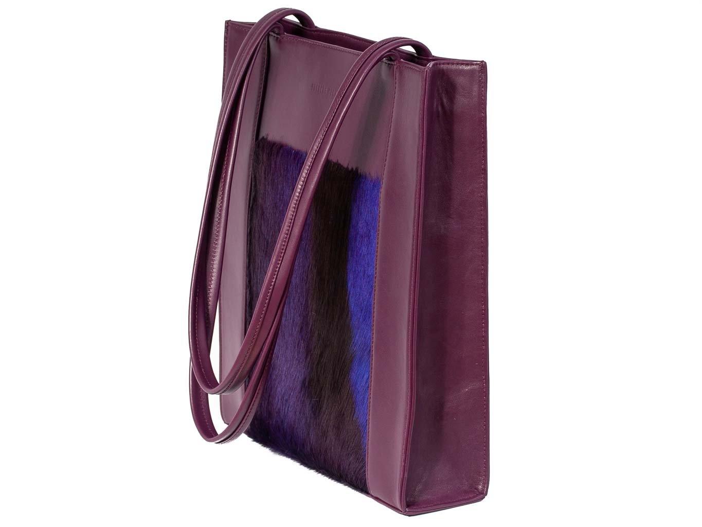 Tote Springbok Handbag in Deep Purple with a stripe feature by Sherene Melinda side angle strap