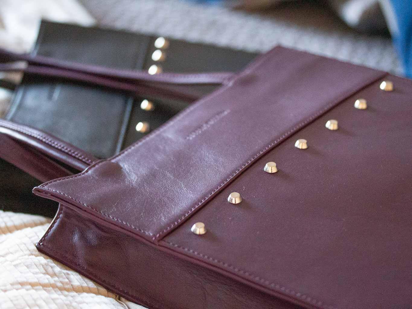 Tote Studded Handbag in Deep Purple by Sherene Melinda side angle strap