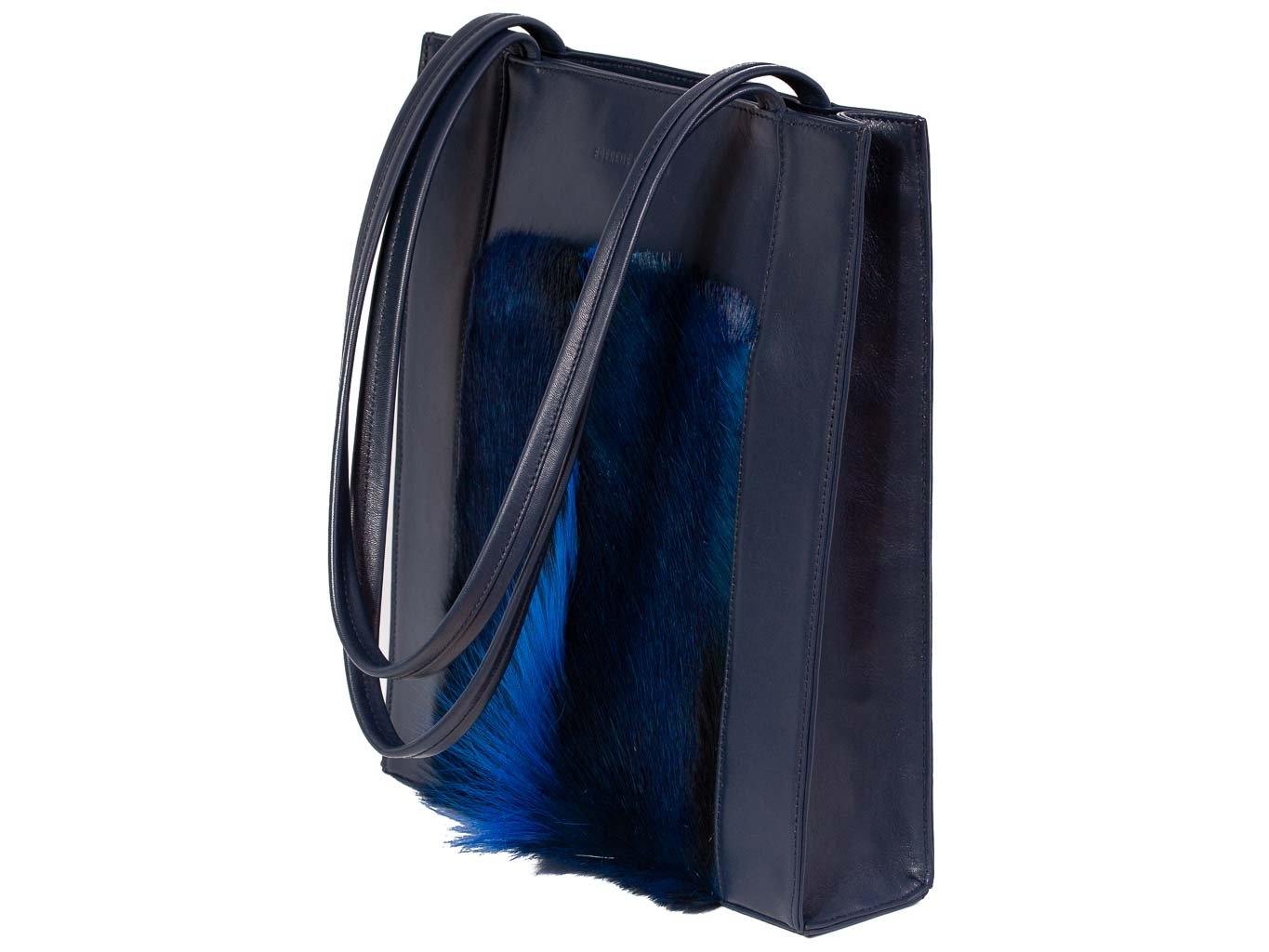 Tote Springbok Handbag in Navy Blue with a fan feature by Sherene Melinda front handle