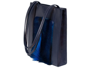 Tote Springbok Handbag in Navy Blue with a fan feature by Sherene Melinda angle strap