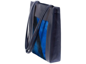 Tote Springbok Handbag in Navy Blue with a stripe feature by Sherene Melinda side angle strap