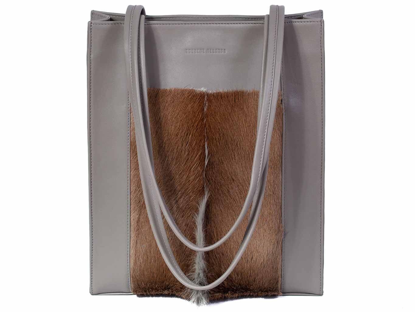 Tote Springbok Handbag in Slate Grey with a fan feature by Sherene Melinda front handle