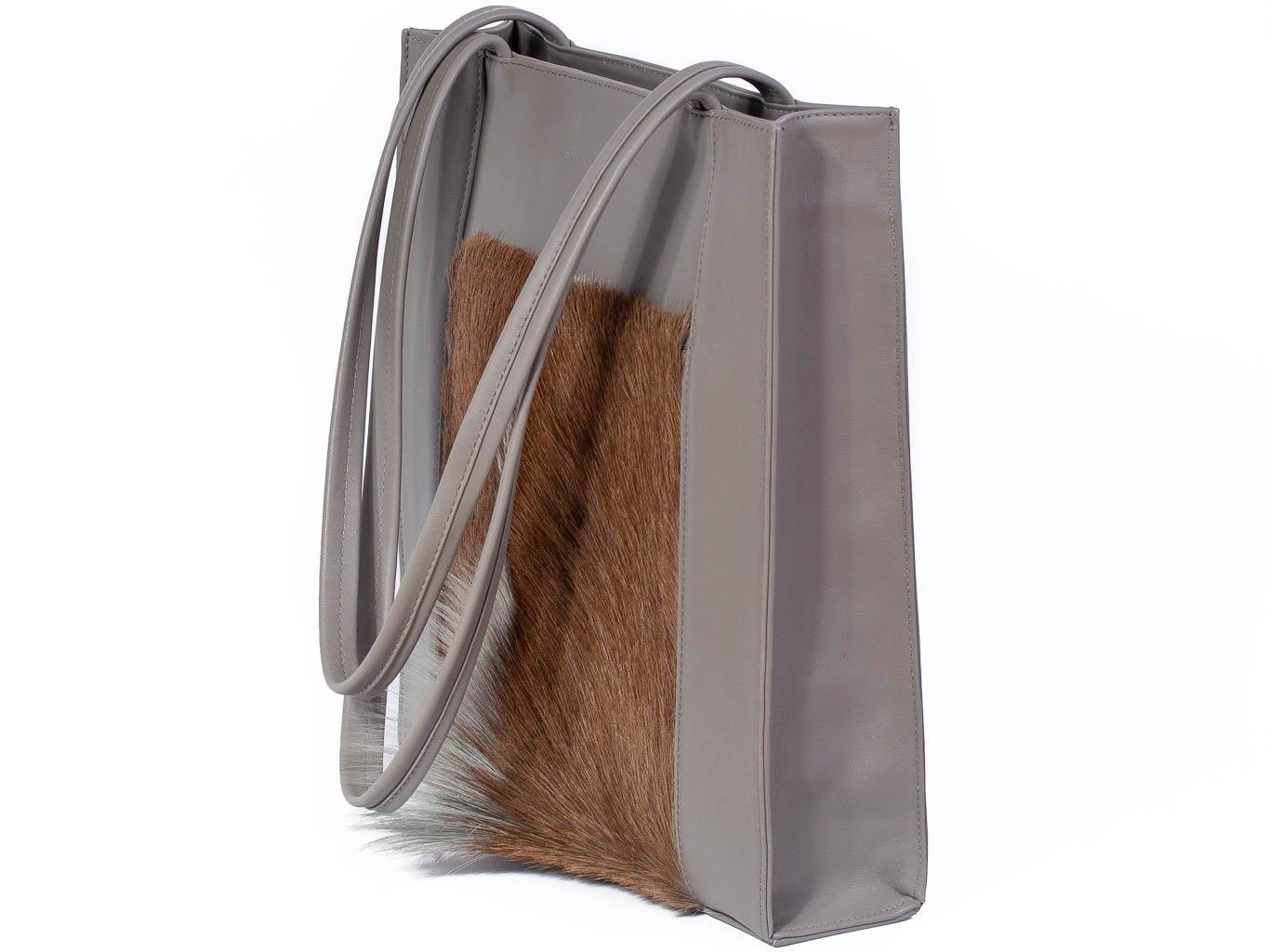 Tote Springbok Handbag in Slate Grey with a fan feature by Sherene Melinda front handle