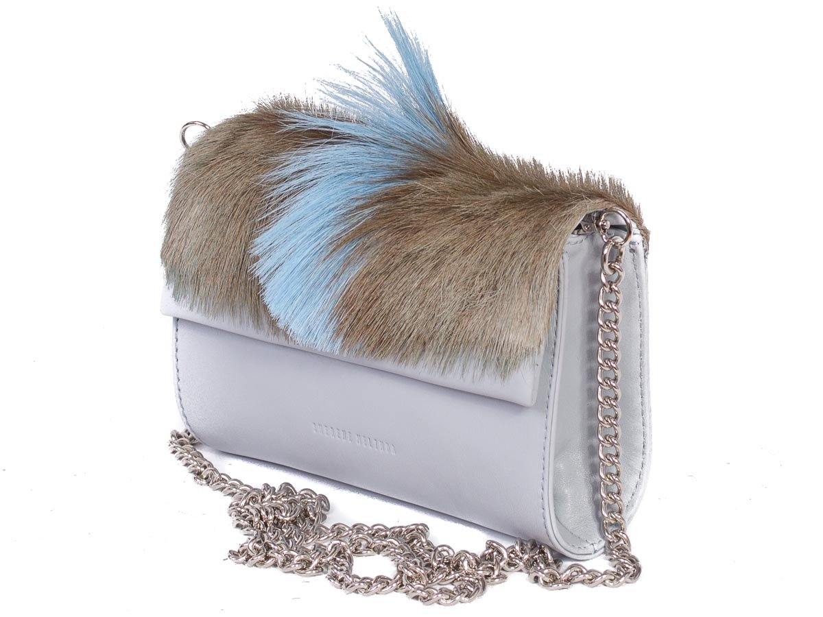 Mini Springbok Handbag in Baby Blue with a Fan by Sherene Melinda Side Angle Strap
