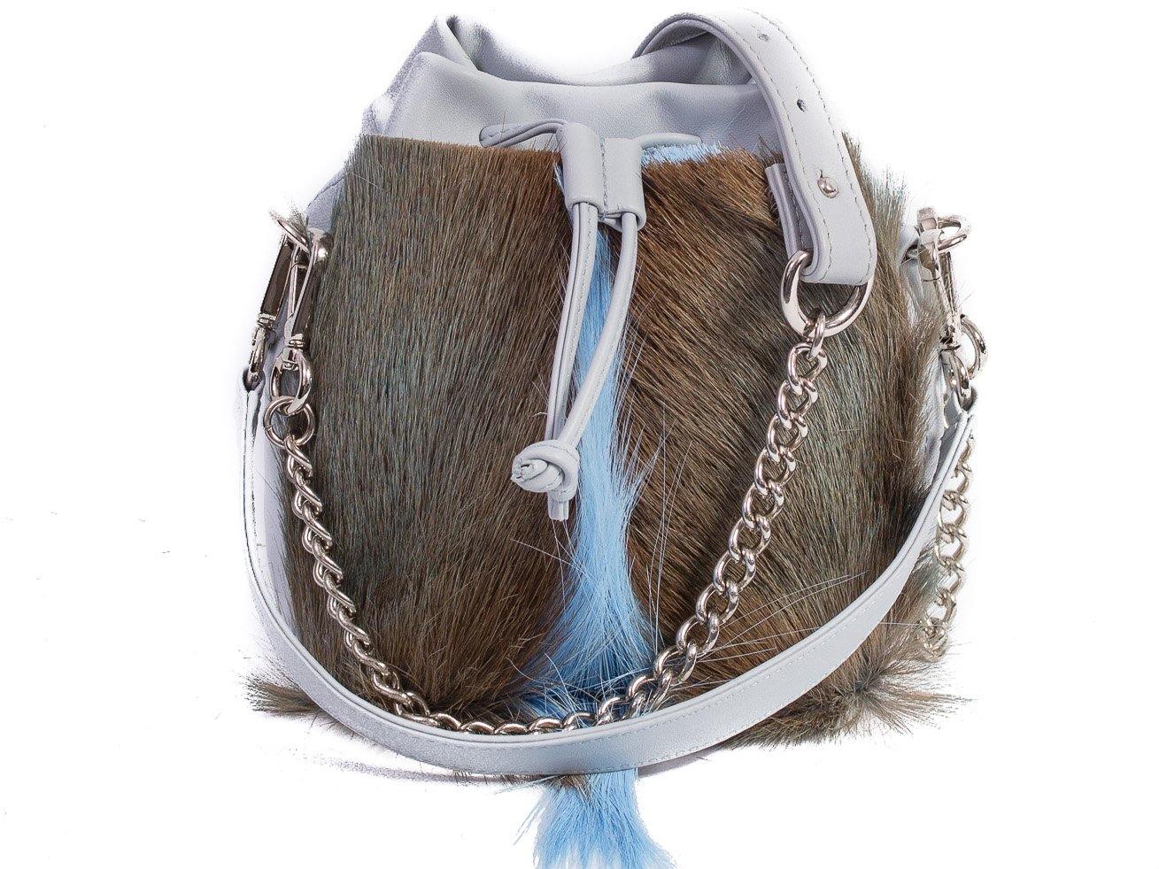 sherene melinda springbok hair-on-hide baby blue leather pouch bag fan front strap