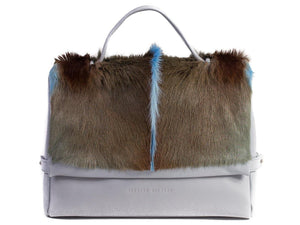 sherene melinda springbok hair-on-hide baby blue leather smith tote bag Fan front