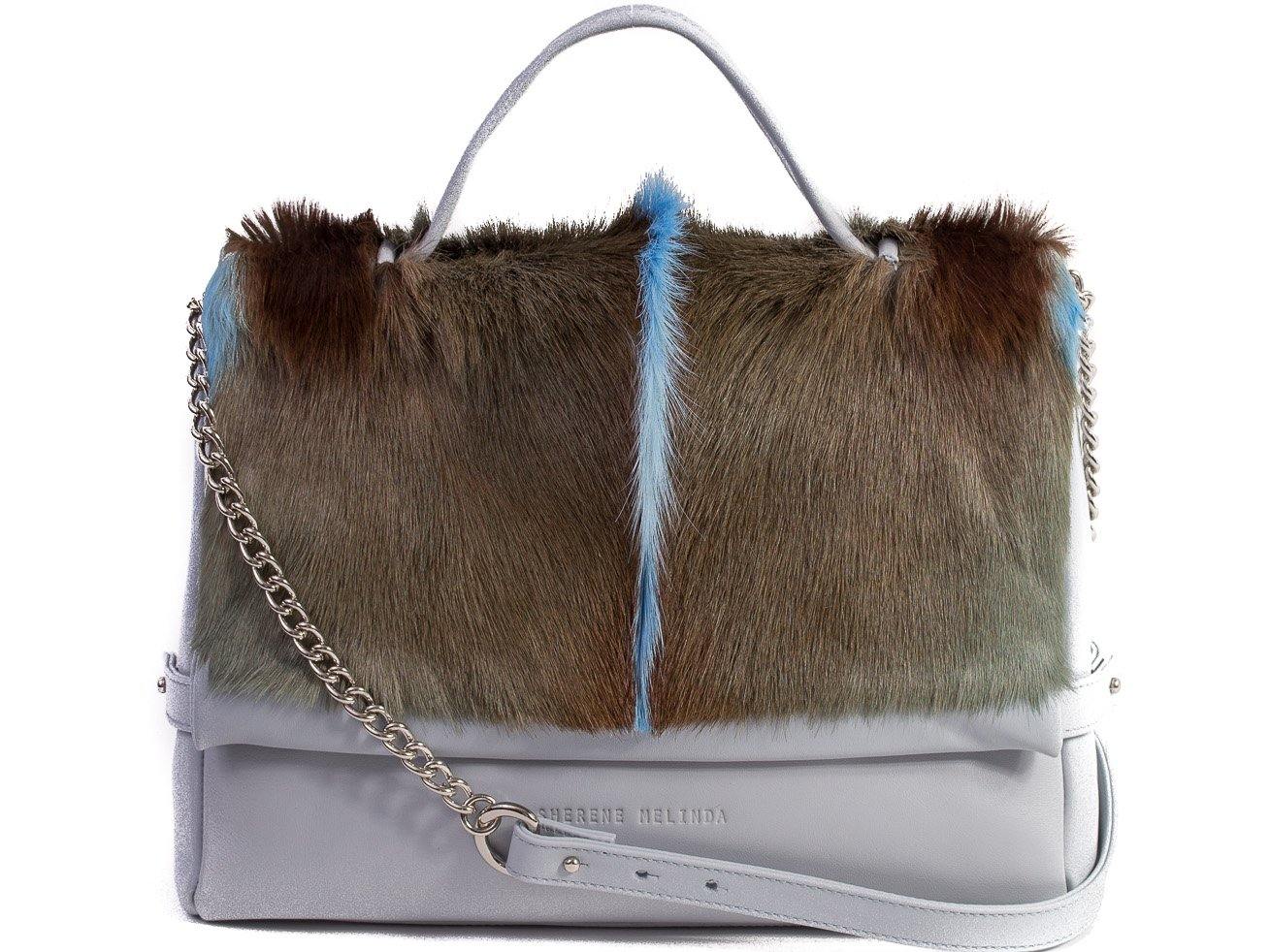 sherene melinda springbok hair-on-hide baby blue leather smith tote bag fan front strap