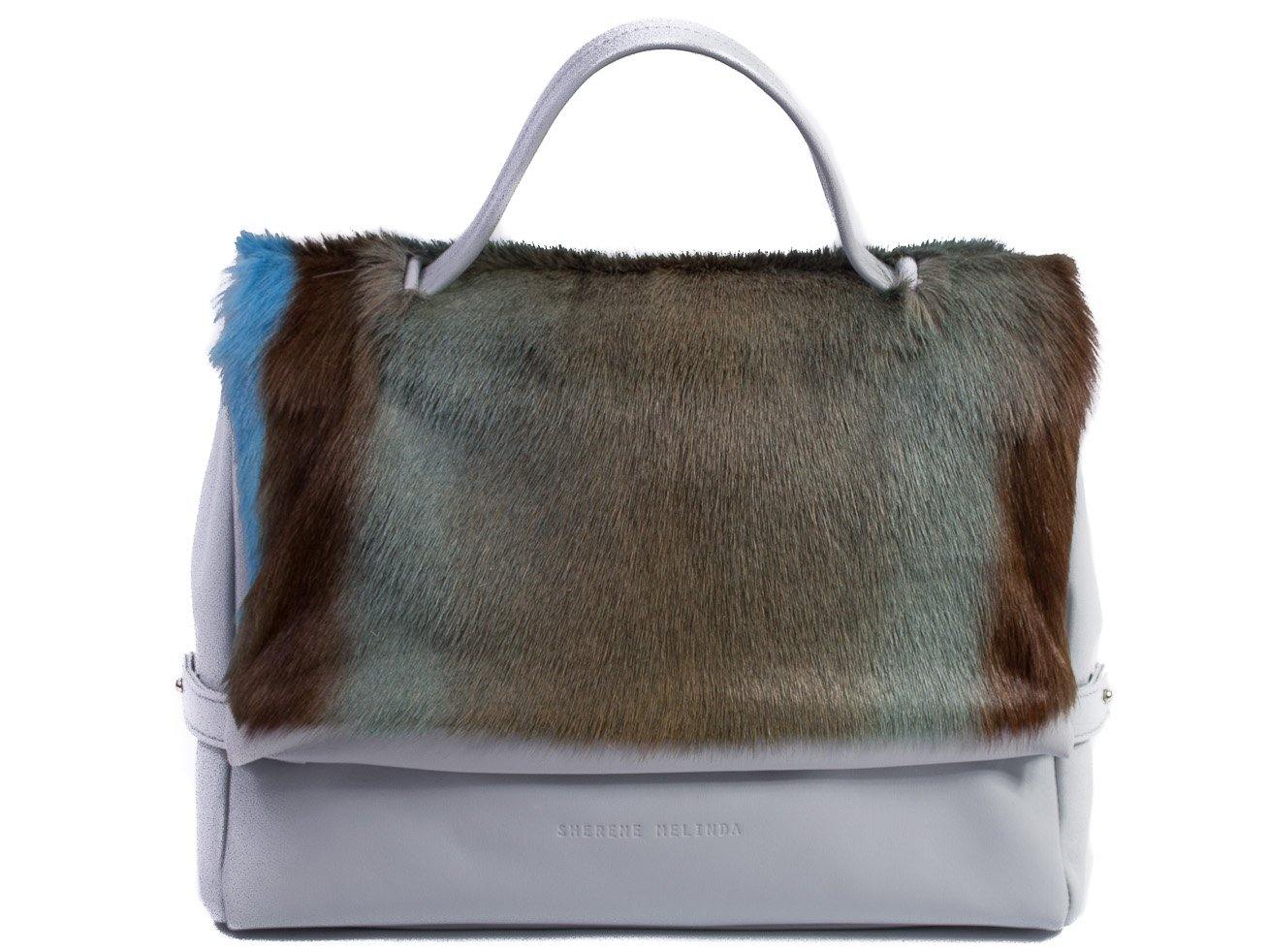 sherene melinda springbok hair-on-hide baby blue leather smith tote bag stripe front