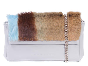 sherene melinda springbok hair-on-hide baby blue leather Sophy SS18 Clutch Bag stripe front strap