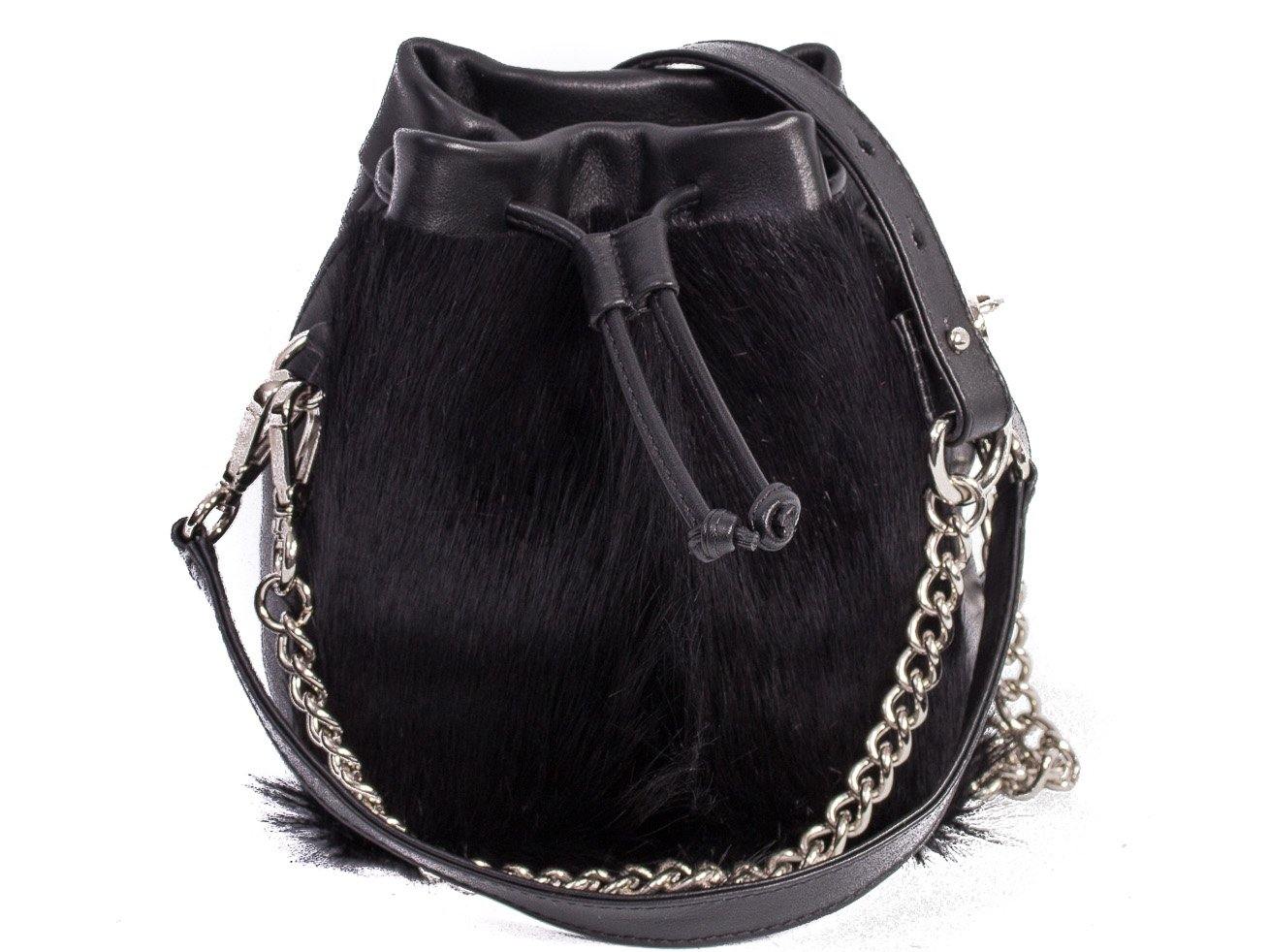 sherene melinda springbok hair-on-hide black leather pouch bag fan front strap