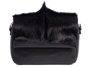 sherene melinda springbok hair-on-hide black leather shoulder bag Fan front