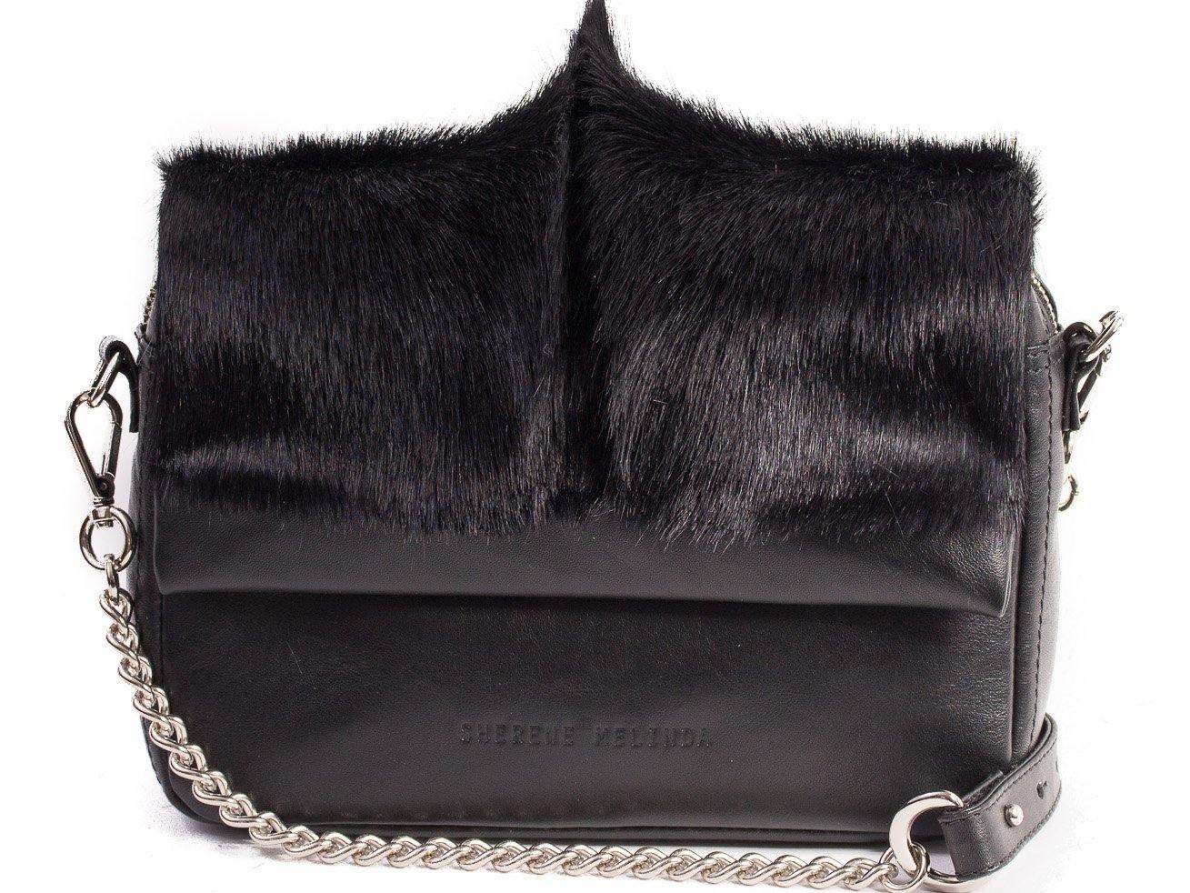 sherene melinda springbok hair-on-hide black leather shoulder bag fan front strap
