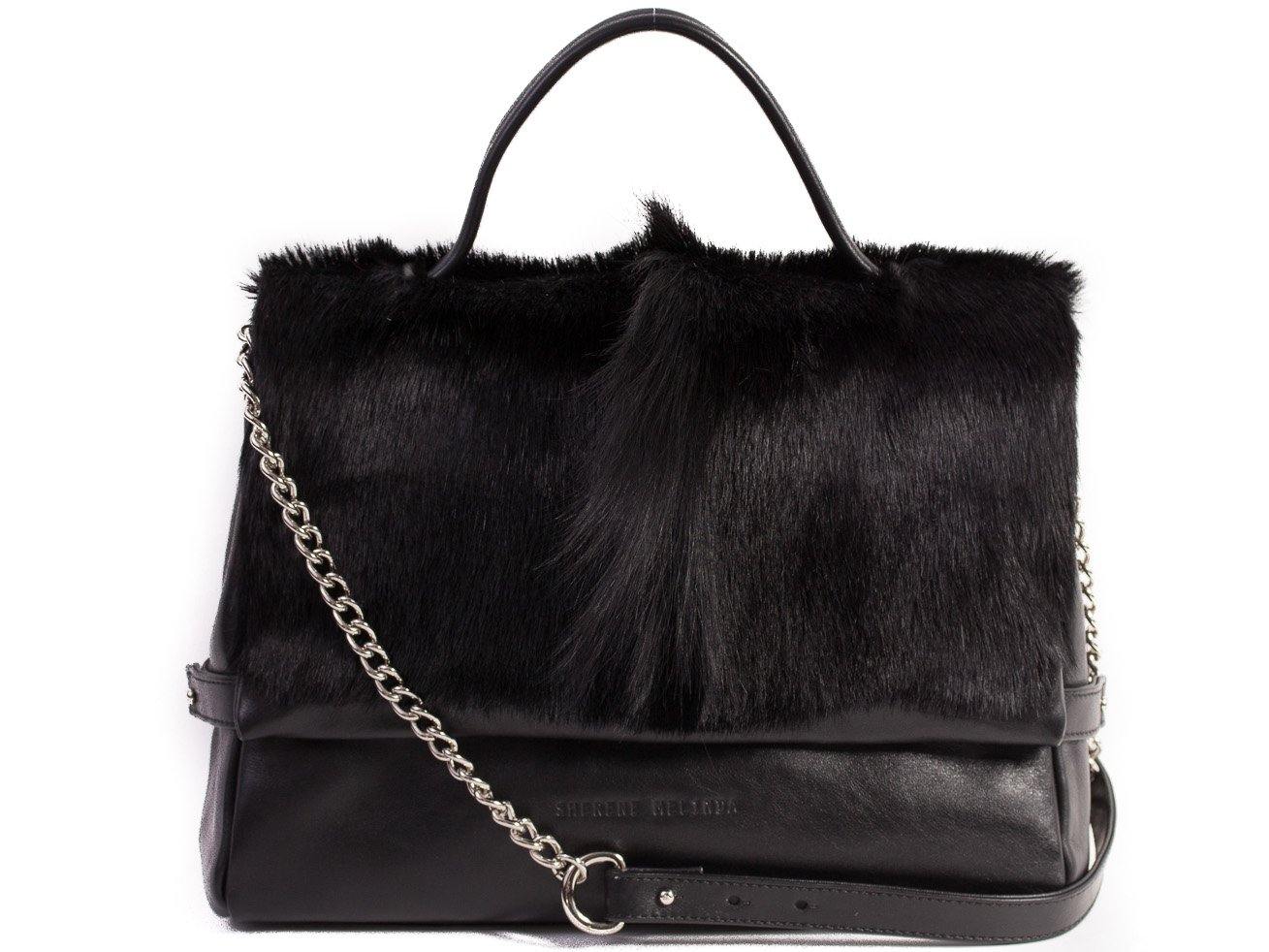 sherene melinda springbok hair-on-hide black leather smith tote bag fan front strap