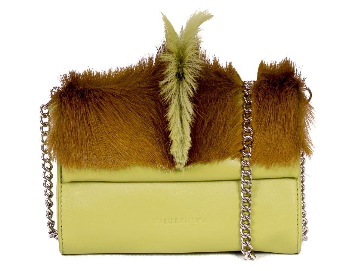 Mini Springbok Handbag in Citrus Green with a Fan by Sherene Melinda Front Strap