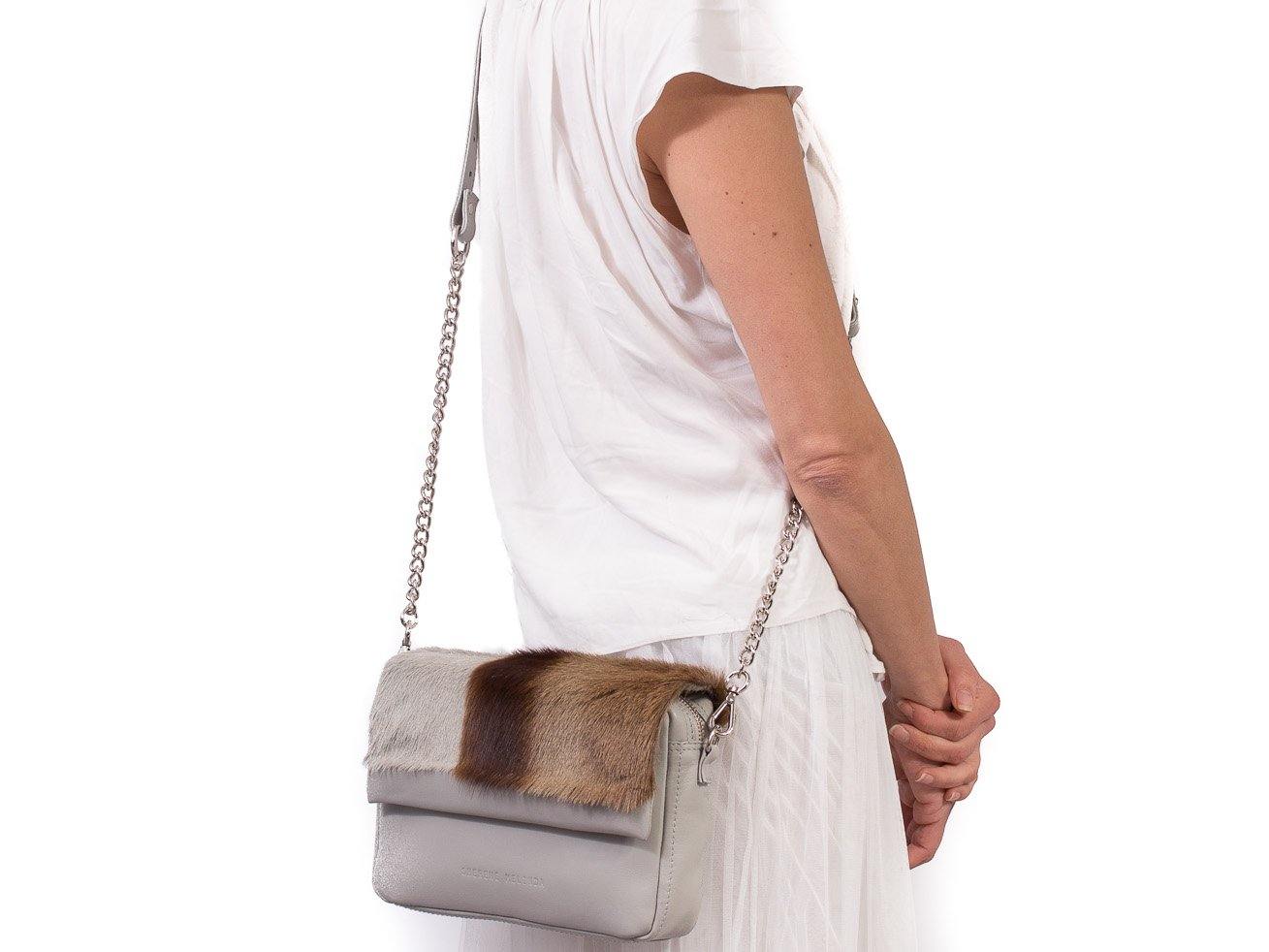 sherene melinda springbok hair-on-hide earth leather shoulder bag stripe front strap