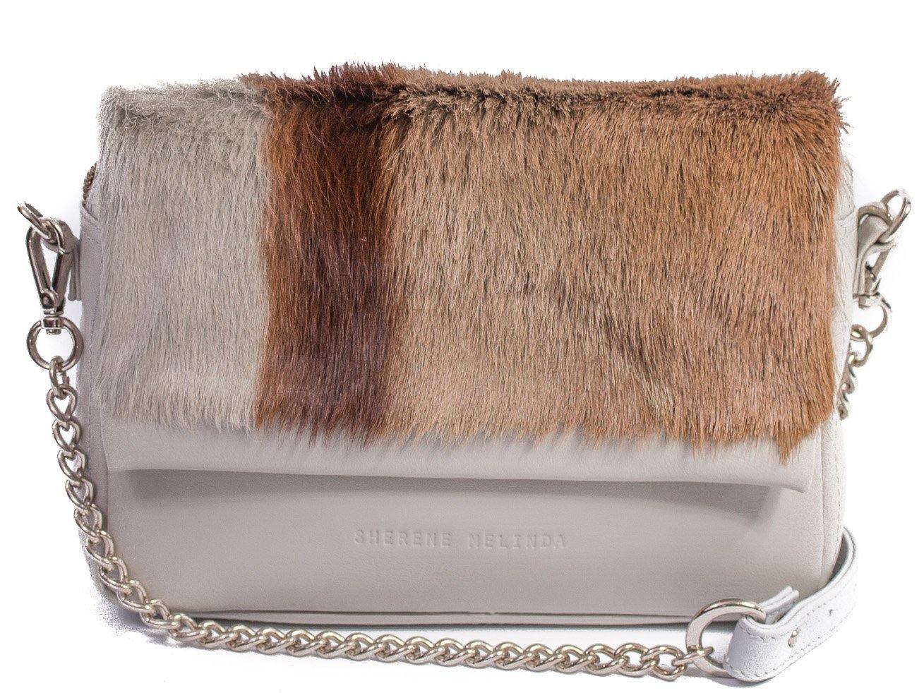 sherene melinda springbok hair-on-hide earth leather shoulder bag stripe front strap