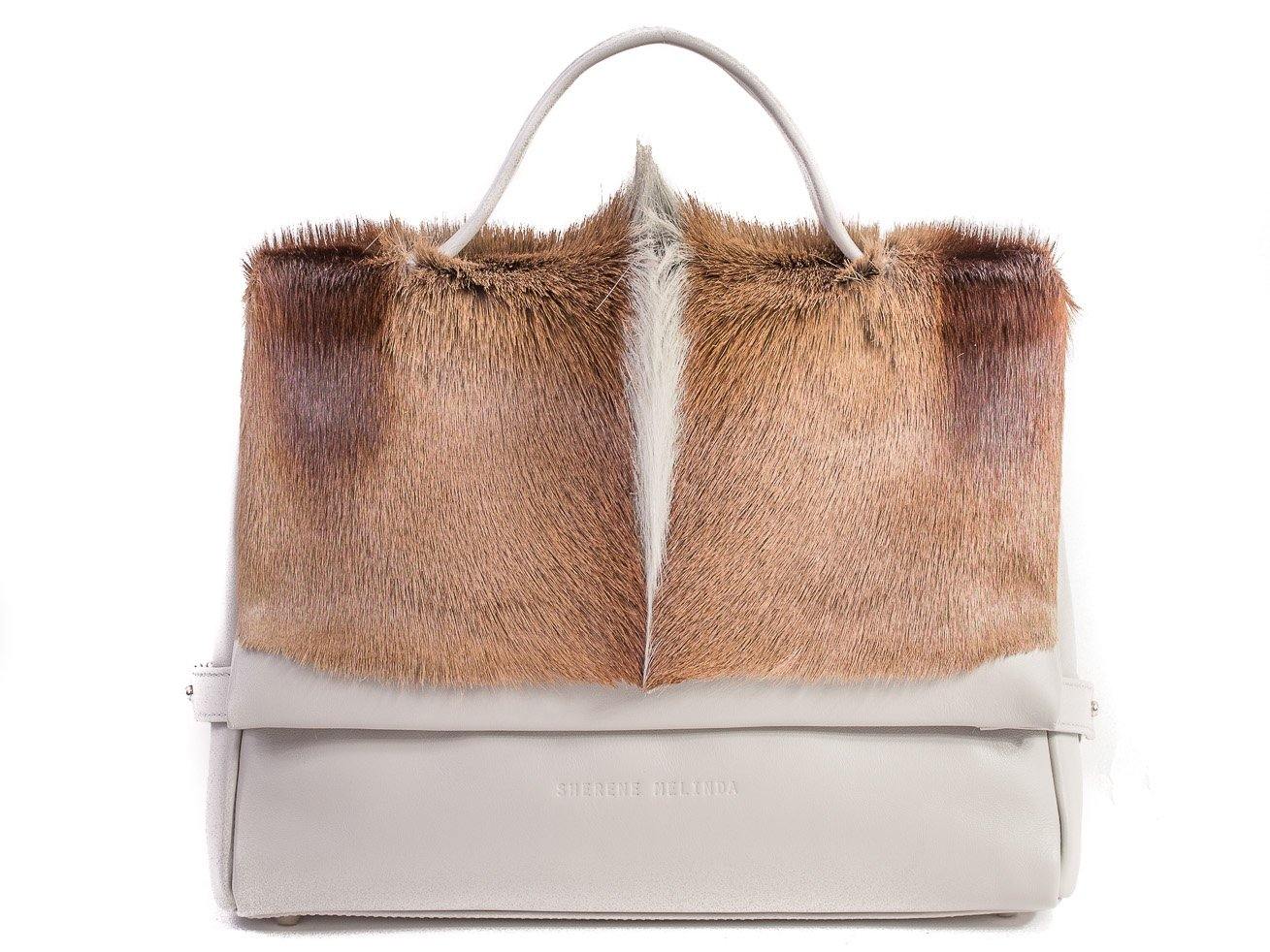 sherene melinda springbok hair-on-hide earth leather smith tote bag fan front strap