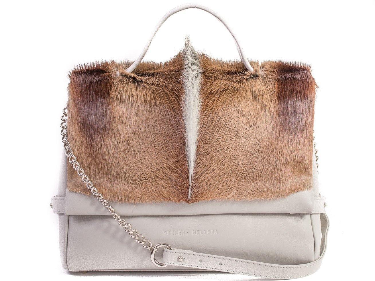 sherene melinda springbok hair-on-hide earth leather smith tote bag fan front strap