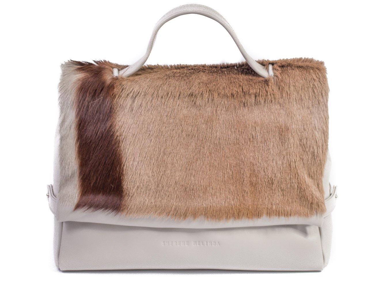 sherene melinda springbok hair-on-hide earth leather smith tote bag stripe front strap