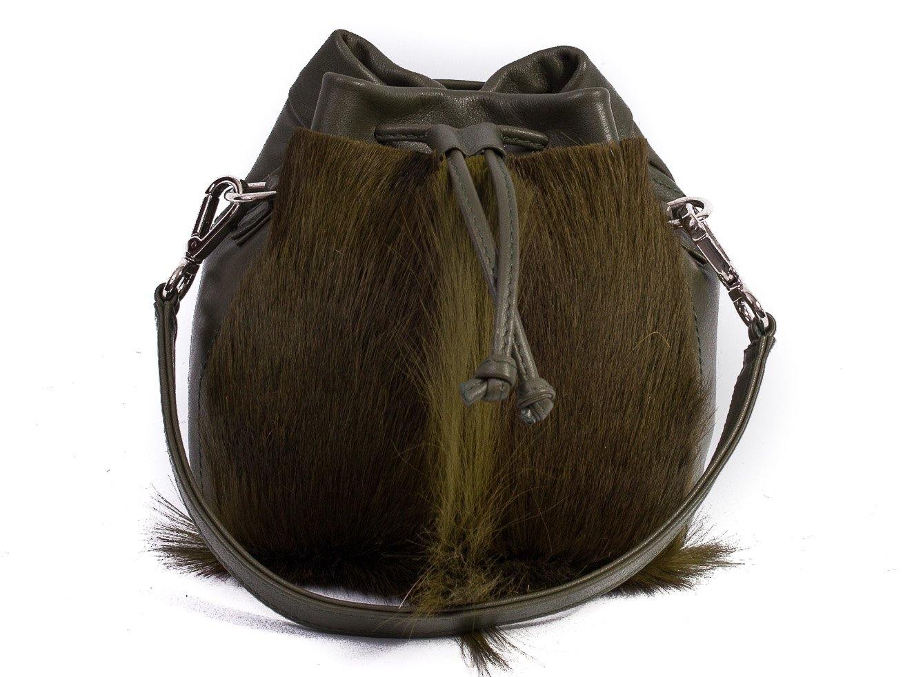 sherene melinda springbok hair-on-hide green leather pouch bag fan front strap