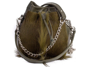 sherene melinda springbok hair-on-hide green leather pouch bag fan front strap