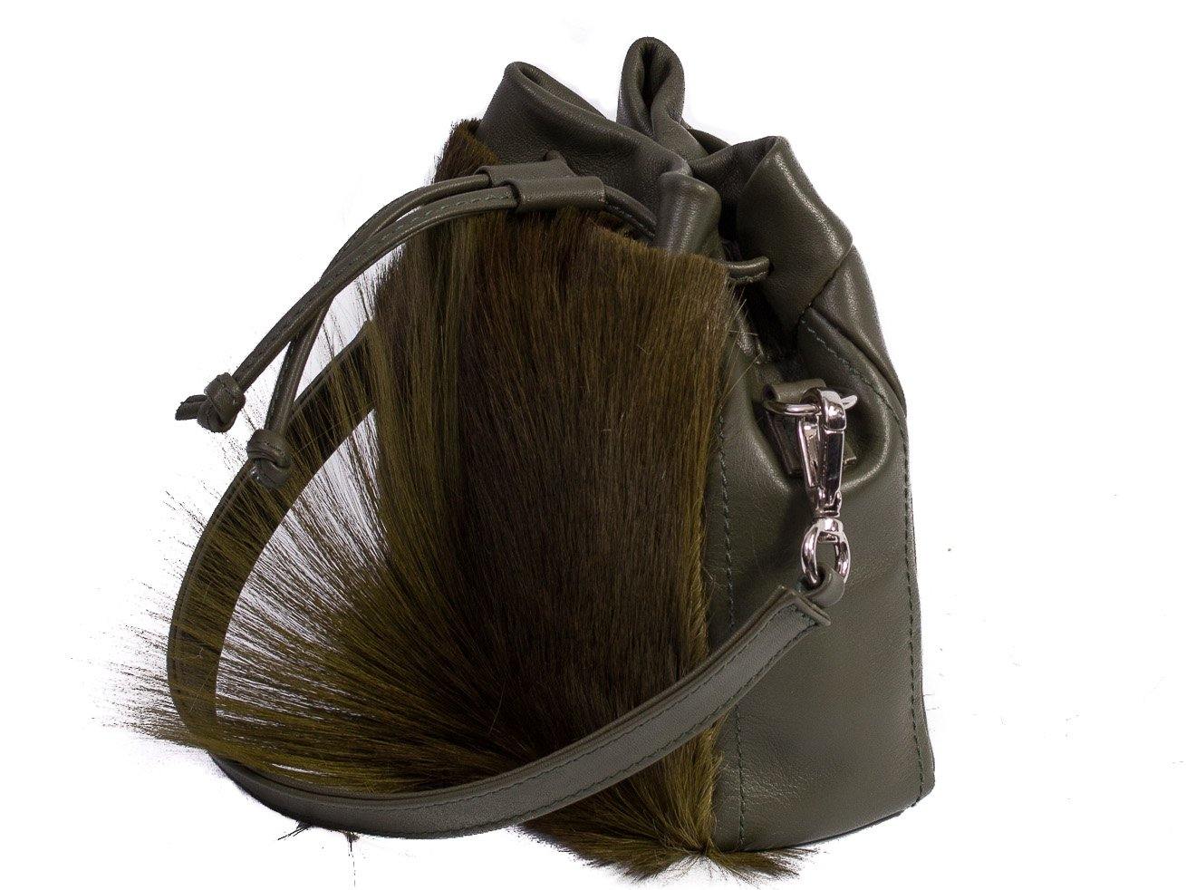 sherene melinda springbok hair-on-hide green leather pouch bag Fan side angle