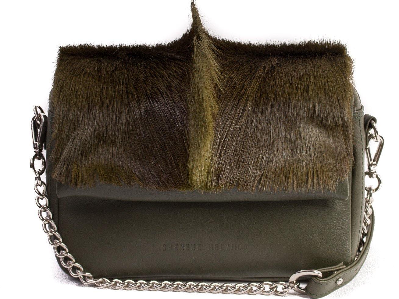 sherene melinda springbok hair-on-hide green leather shoulder bag fan front strap