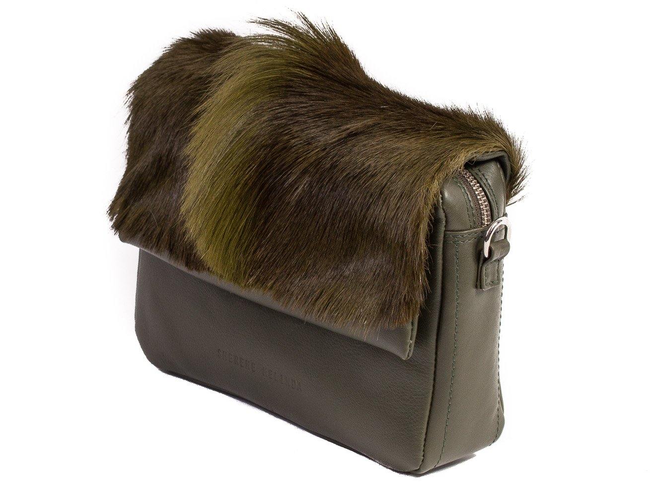 sherene melinda springbok hair-on-hide green leather shoulder bag Fan side angle
