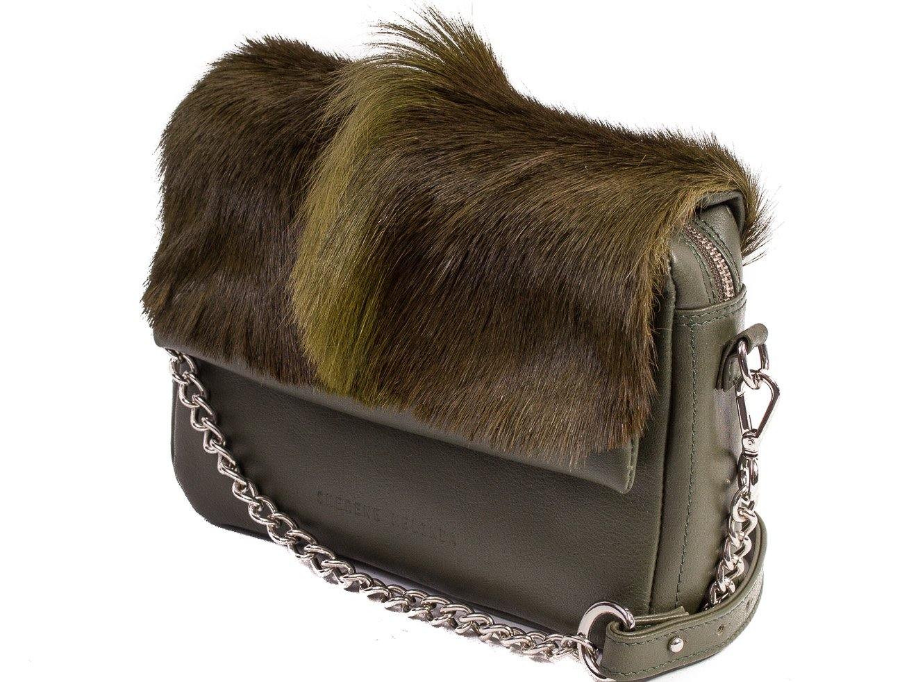 sherene melinda springbok hair-on-hide green leather shoulder bag Fan side angle strap
