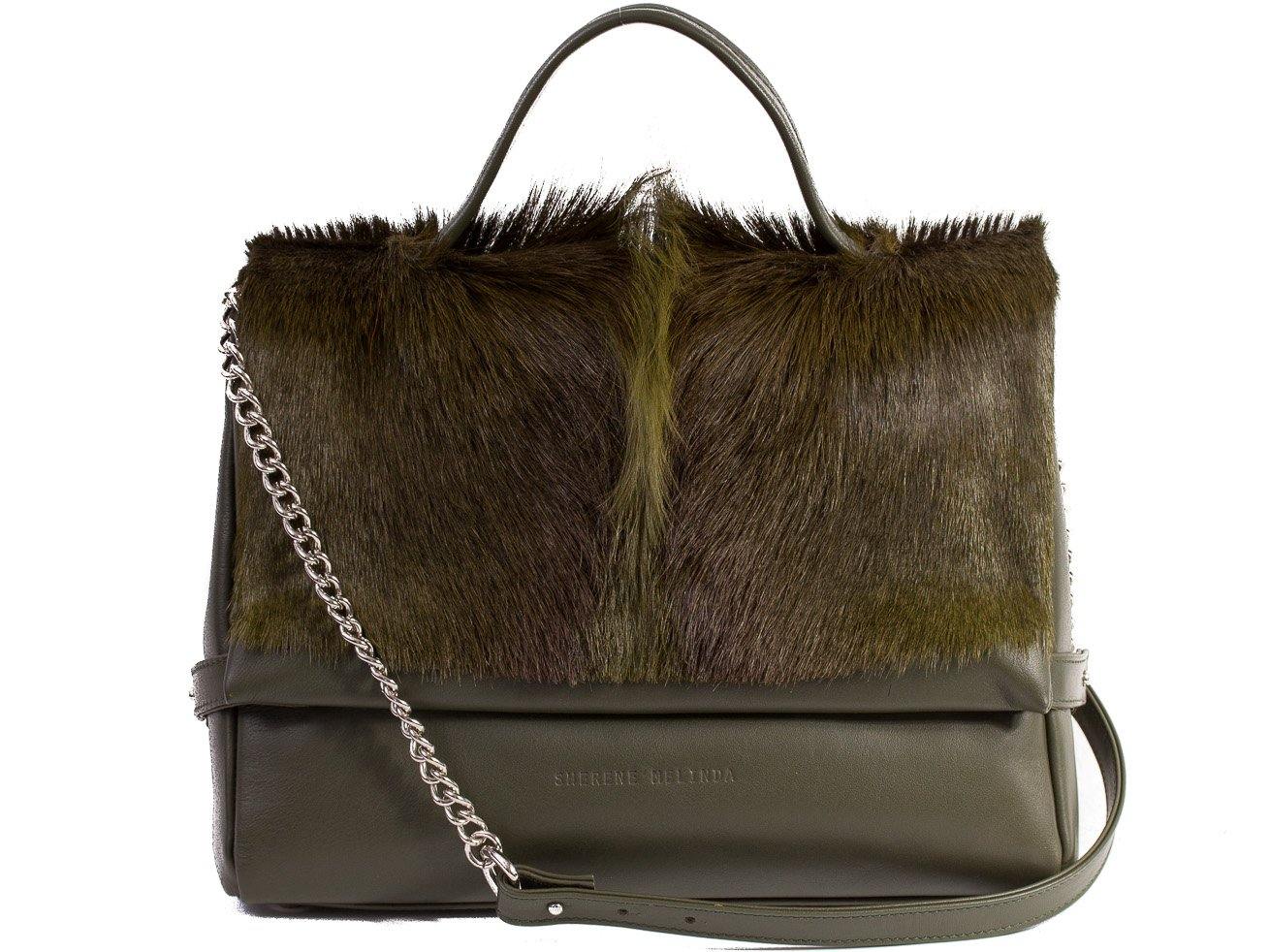 sherene melinda springbok hair-on-hide green leather smith tote bag fan front strap