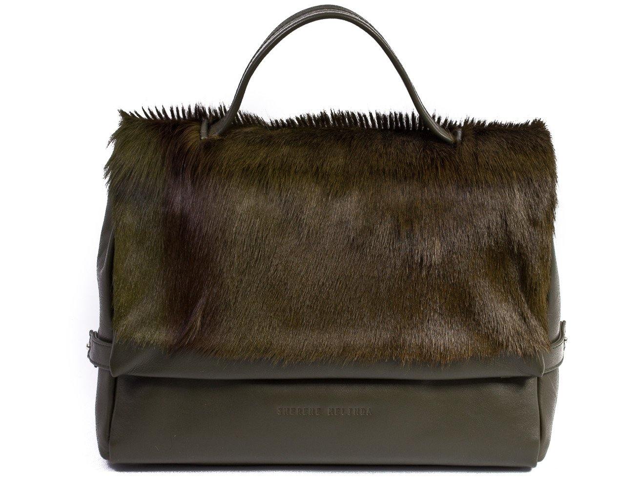 sherene melinda springbok hair-on-hide green leather smith tote bag stripe front strap