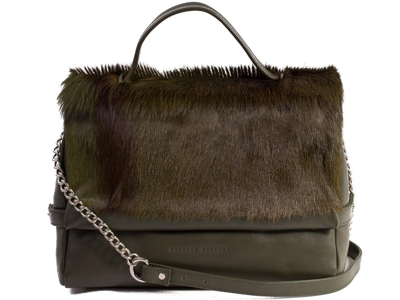 sherene melinda springbok hair-on-hide green leather smith tote bag stripe front strap