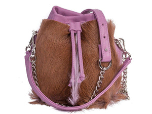 sherene melinda springbok hair-on-hide lavender leather pouch bag fan front strap