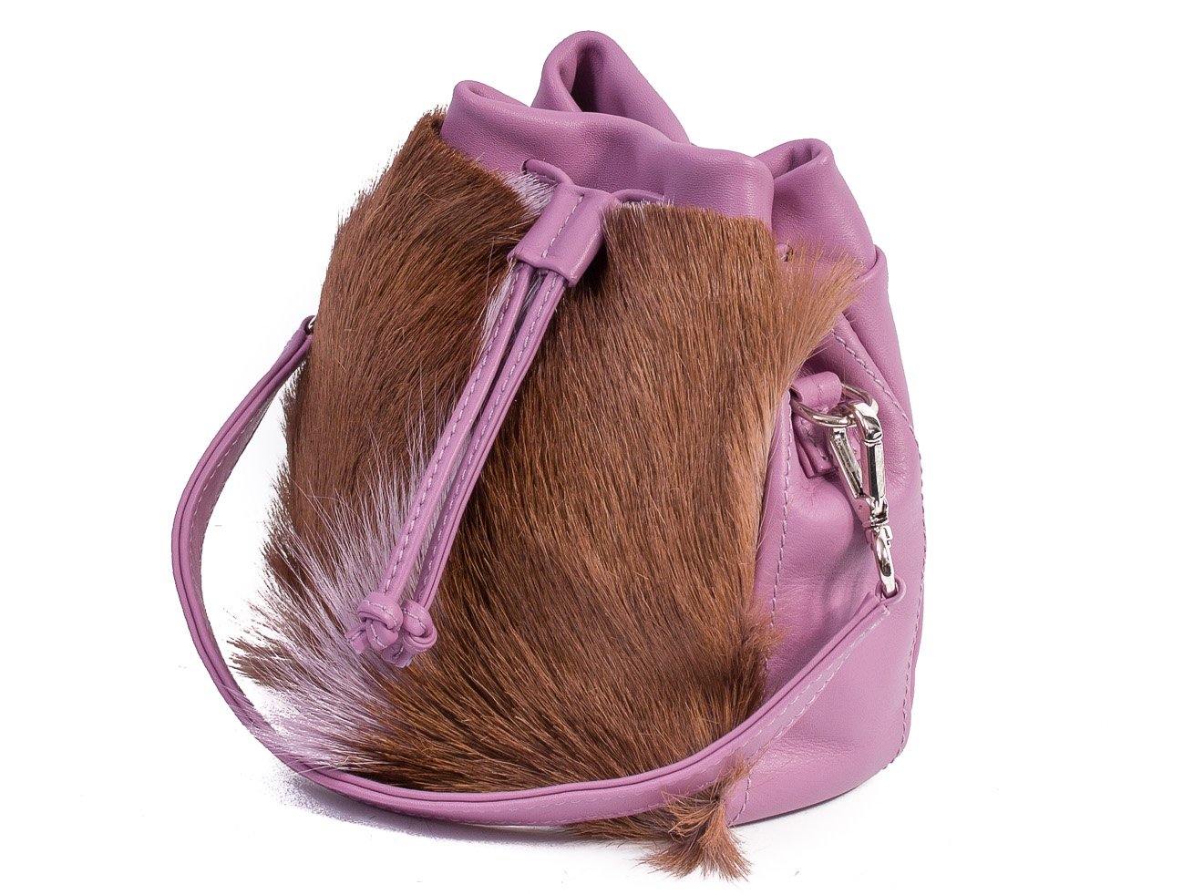 sherene melinda springbok hair-on-hide lavender leather pouch bag Fan side angle