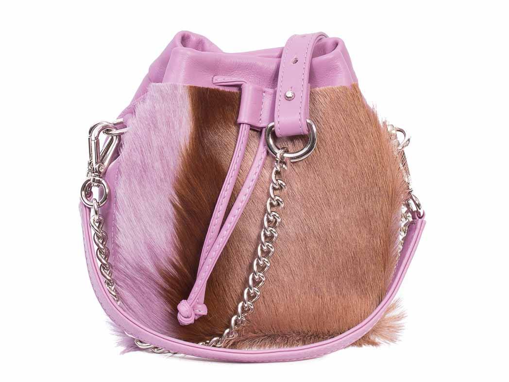sherene melinda springbok hair-on-hide lavender leather pouch bag stripe front strap