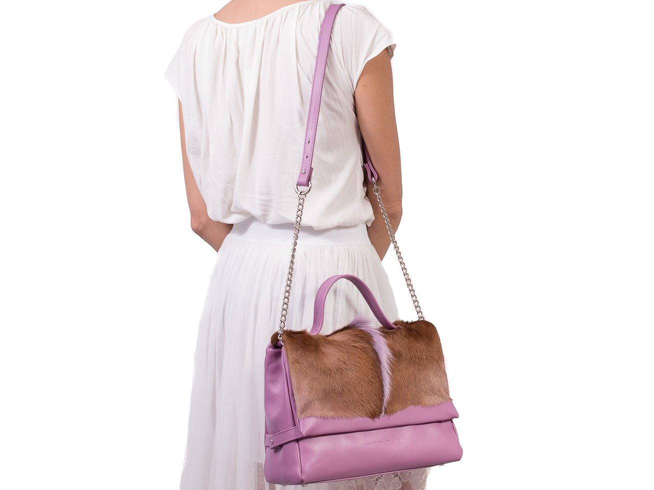 sherene melinda springbok hair-on-hide lavender leather smith tote bag fan front strap