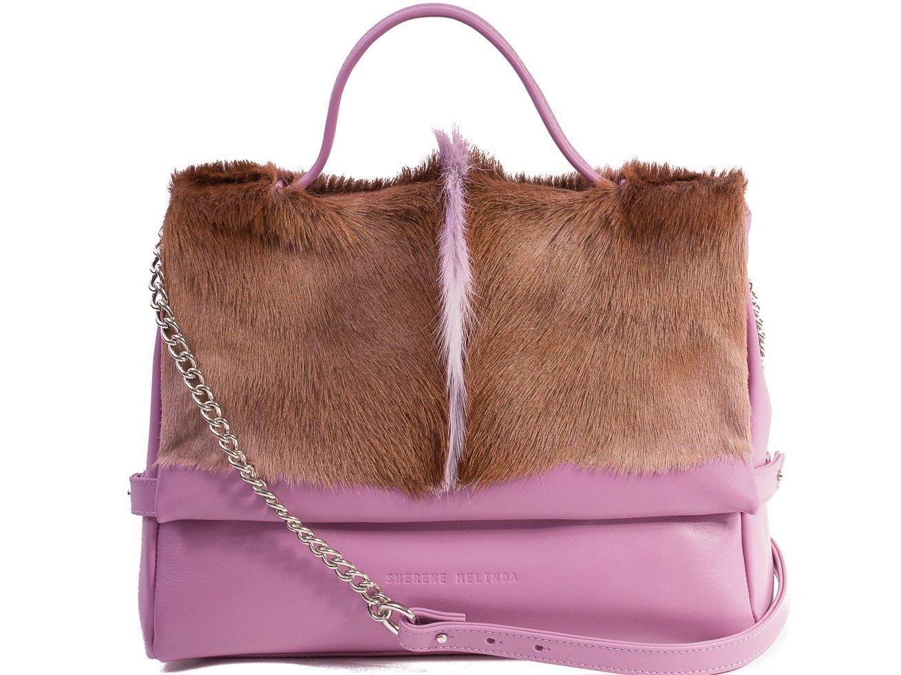 sherene melinda springbok hair-on-hide lavender leather smith tote bag fan front strap
