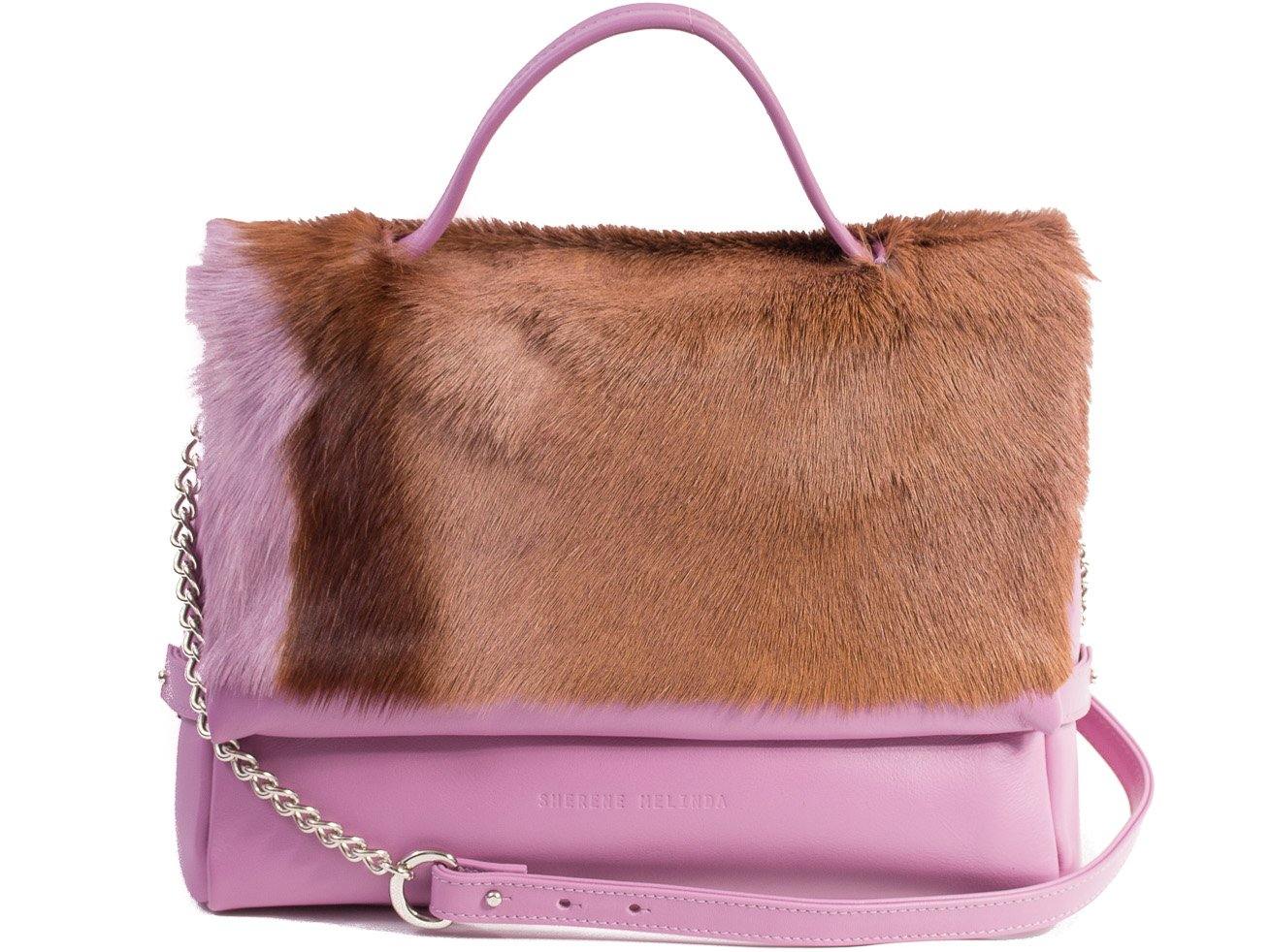 sherene melinda springbok hair-on-hide lavender leather smith tote bag stripe front strap