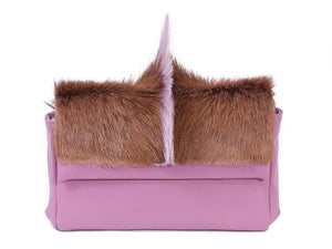 sherene melinda springbok hair-on-hide lavender leather Sophy SS18 Clutch Bag Fan front